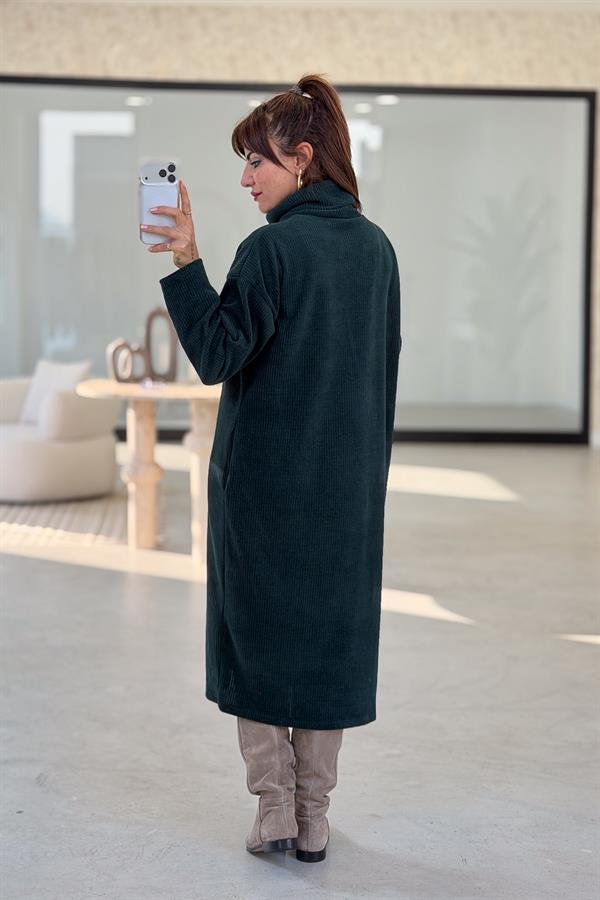 Balıkçı Yaka Midi Boy Kalın Fitilli Kadife Elbise Zümrüt Yeşili Renk