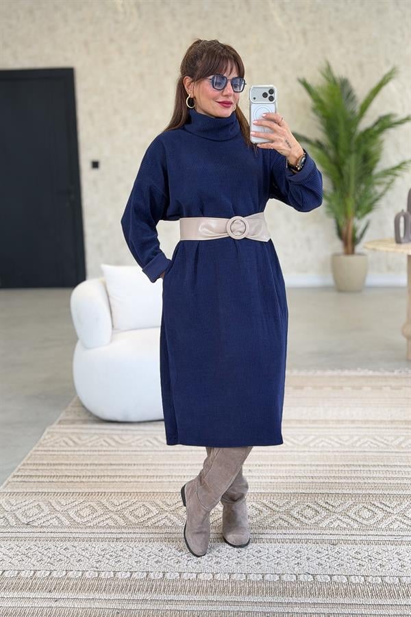 Balıkçı Yaka Midi Boy Kalın Fitilli Kadife Elbise Lacivert Renk