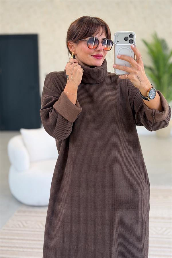 Balıkçı Yaka Midi Boy Kalın Fitilli Kadife Elbise Acı Kahve Renk
