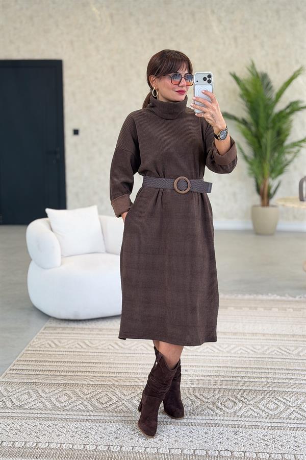 Balıkçı Yaka Midi Boy Kalın Fitilli Kadife Elbise Acı Kahve Renk