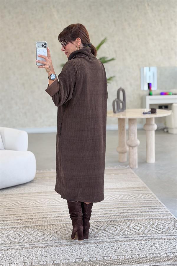 Balıkçı Yaka Midi Boy Kalın Fitilli Kadife Elbise Acı Kahve Renk