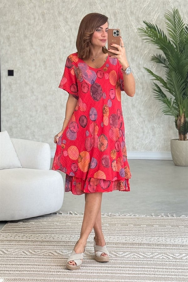 Baloncuk Desen Streç Pamuklu Elbise Kırmızı RenkELBİSE