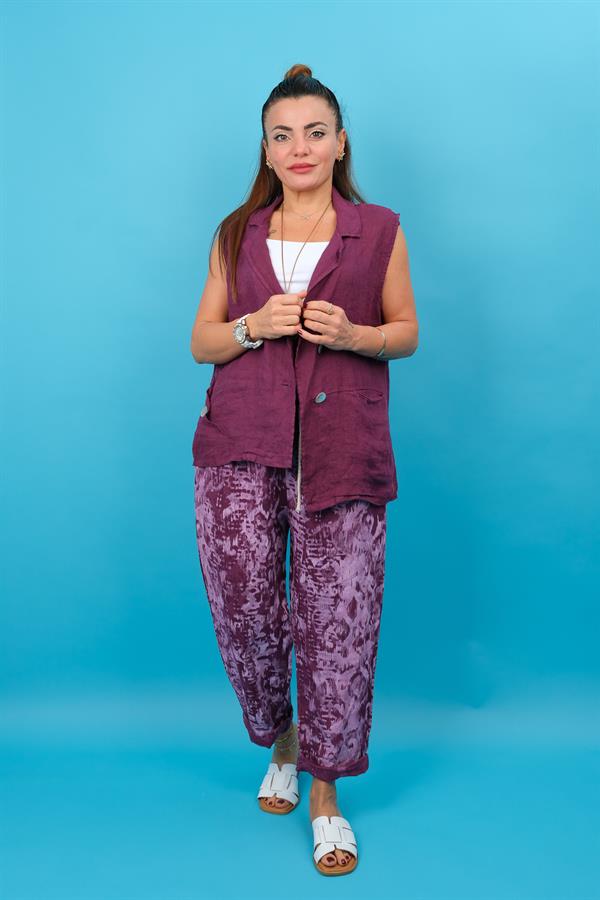 Batik Desen Havuç Paça Keten Pantolon Mürdüm Renk