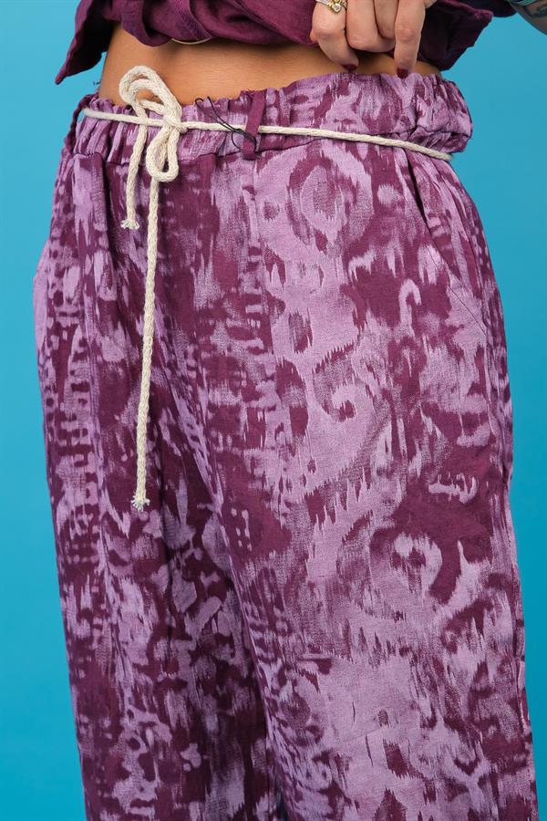 Batik Desen Havuç Paça Keten Pantolon Mürdüm Renk
