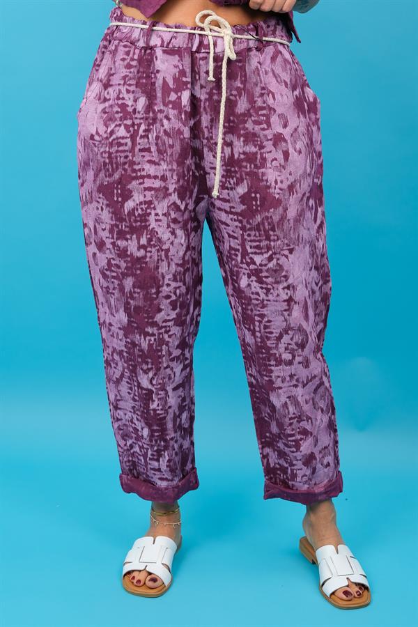 Batik Desen Havuç Paça Keten Pantolon Mürdüm Renk