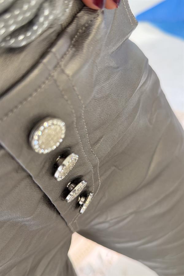 Beli Lastikli Düğme Detaylı Deri Görünümlü Pantolon Vizon Renk