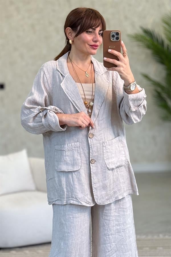 Blazer Keten Ceket Bej Renk