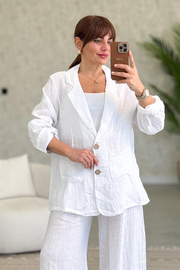 Blazer Keten Ceket Beyaz Renk