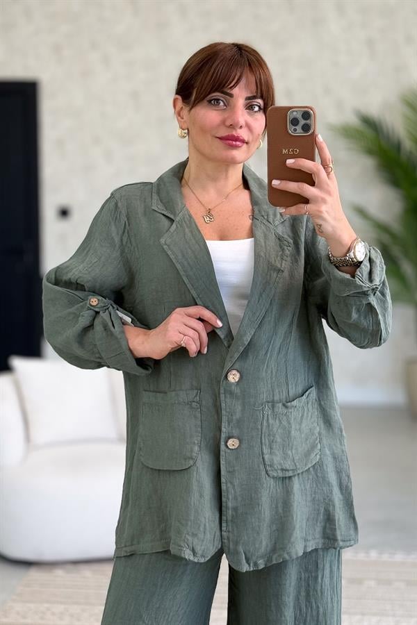 Blazer Keten Ceket Haki Renk