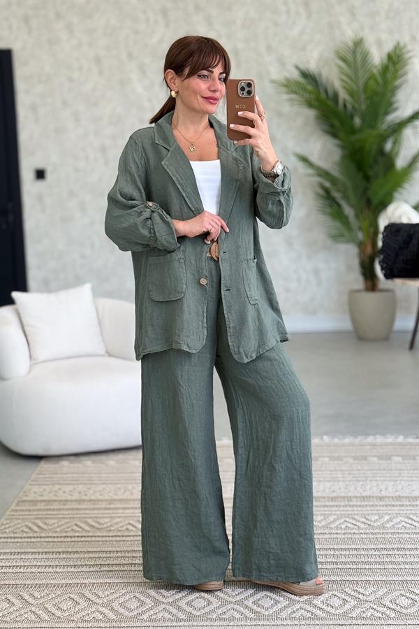 Blazer Keten Ceket Haki Renk