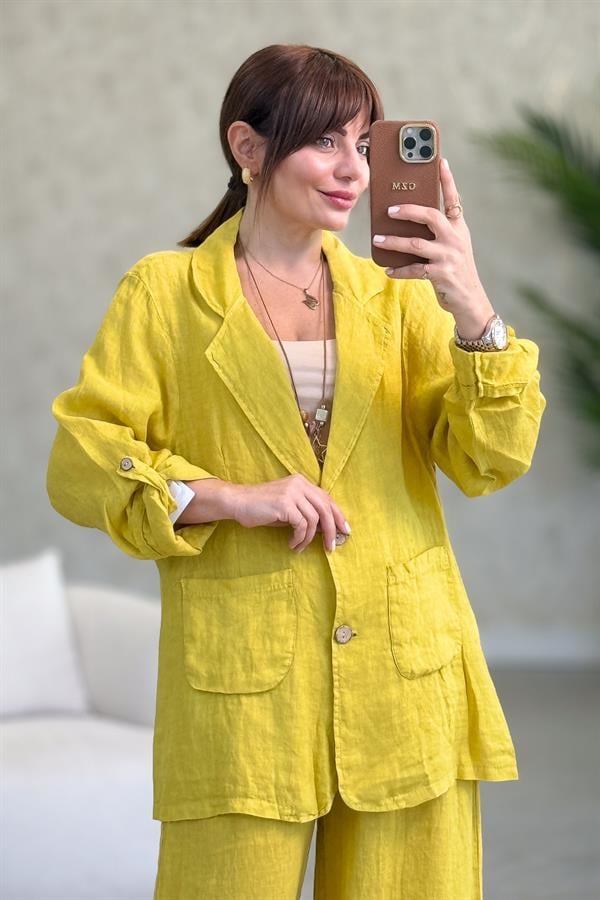 Blazer Keten Ceket Hardal Renk