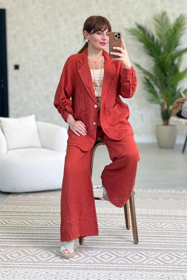Blazer Keten Ceket Kiremit Renk