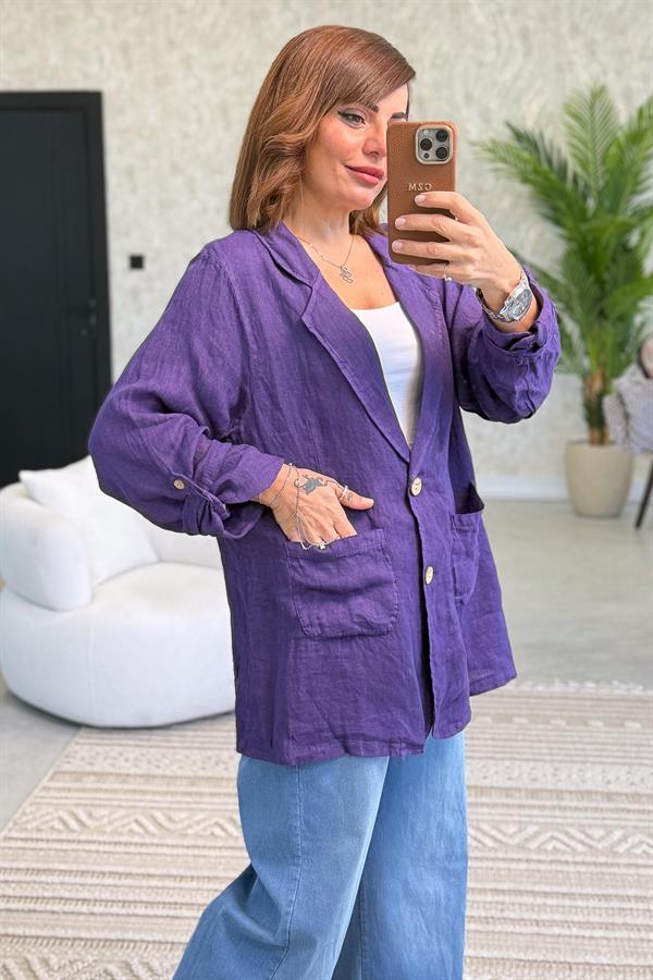 Blazer Keten Ceket Mor Renk