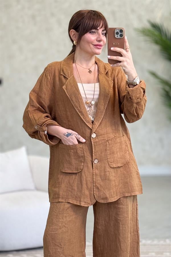 Blazer Keten Ceket Taba Renk