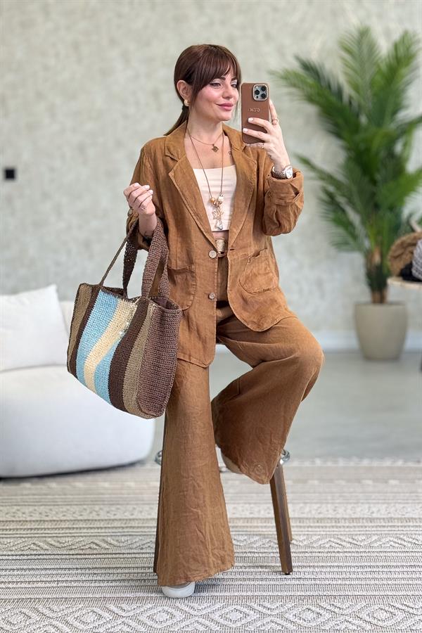 Blazer Keten Ceket Taba Renk