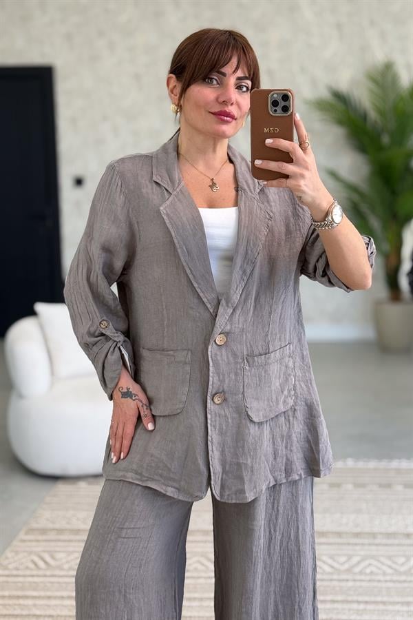 Blazer Keten Ceket Vizon Renk
