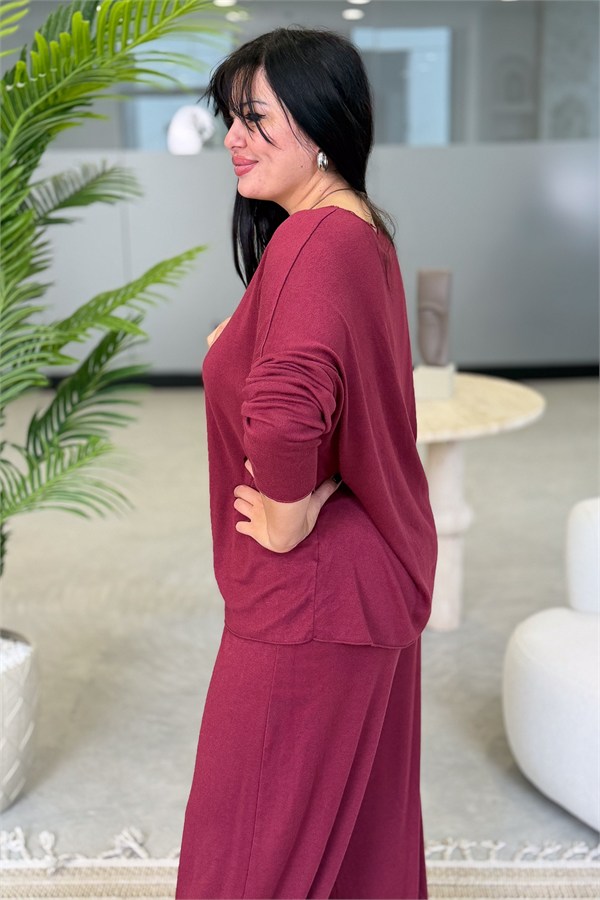 Bluz Ve Paçası Lastikli Pantolonlu Alt Üst Hamur Triko Takım Bordo Renk