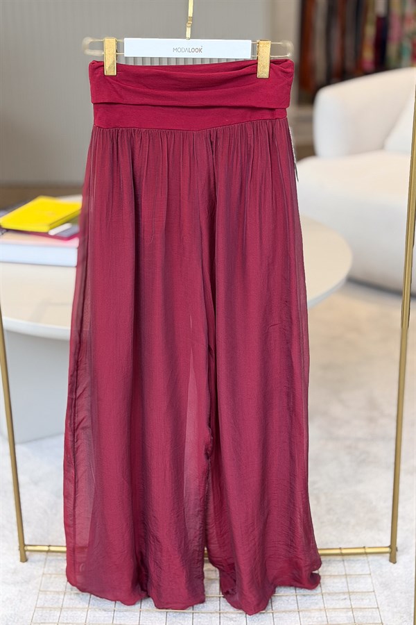 Bol Paça Beli Lastikli İpek Pantolon Bordo Renk