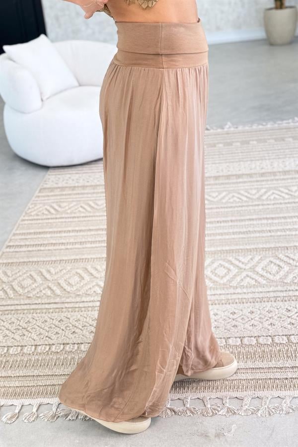 Bol Paça Beli Lastikli İpek Pantolon Camel Renk