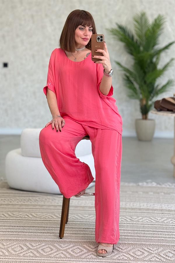 Bol Paça Beli Lastikli İpek Pantolon Mercan Renk