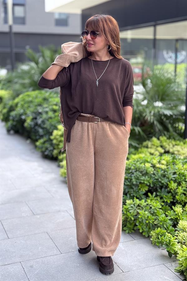 Bol Paça Deri Kemerli Eşorfman Bal Köpüğü Renk