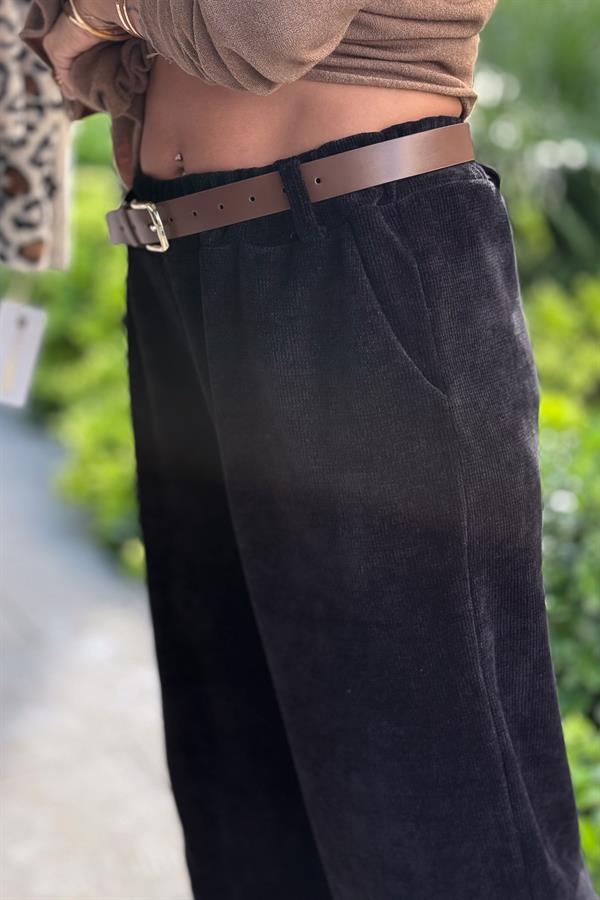 Bol Paça Deri Kemerli Eşorfman Siyah Renk