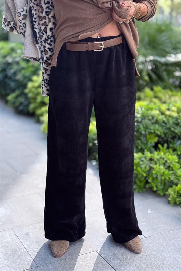 Bol Paça Deri Kemerli Eşorfman Siyah Renk