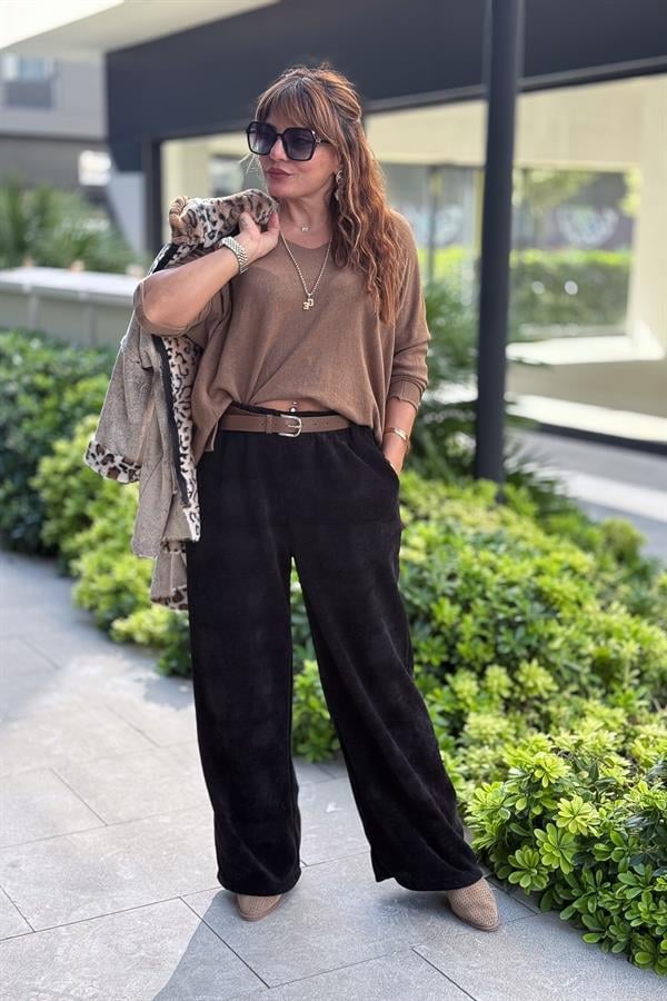 Bol Paça Deri Kemerli Eşorfman Siyah Renk