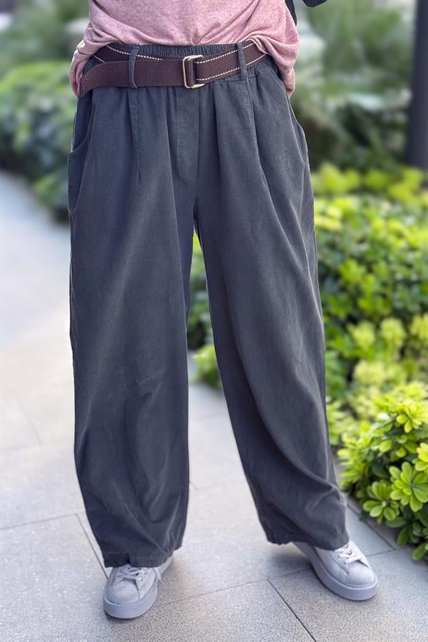 Bol Paça Geniş Kalıp İnce Fitilli Kadife Pantolon Antresit Renk