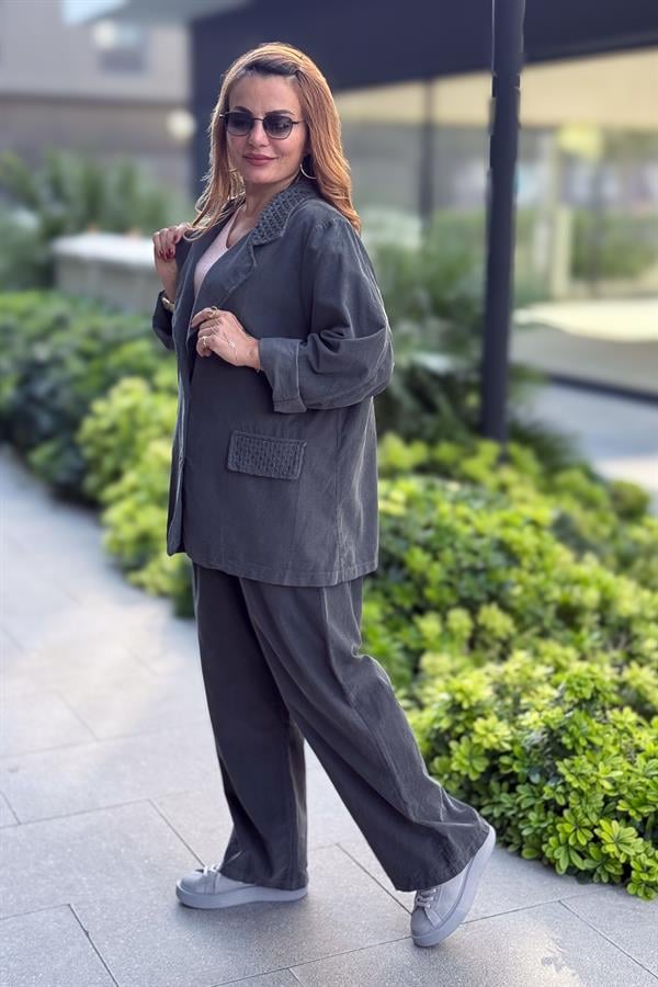 Bol Paça Geniş Kalıp İnce Fitilli Kadife Pantolon Antresit Renk