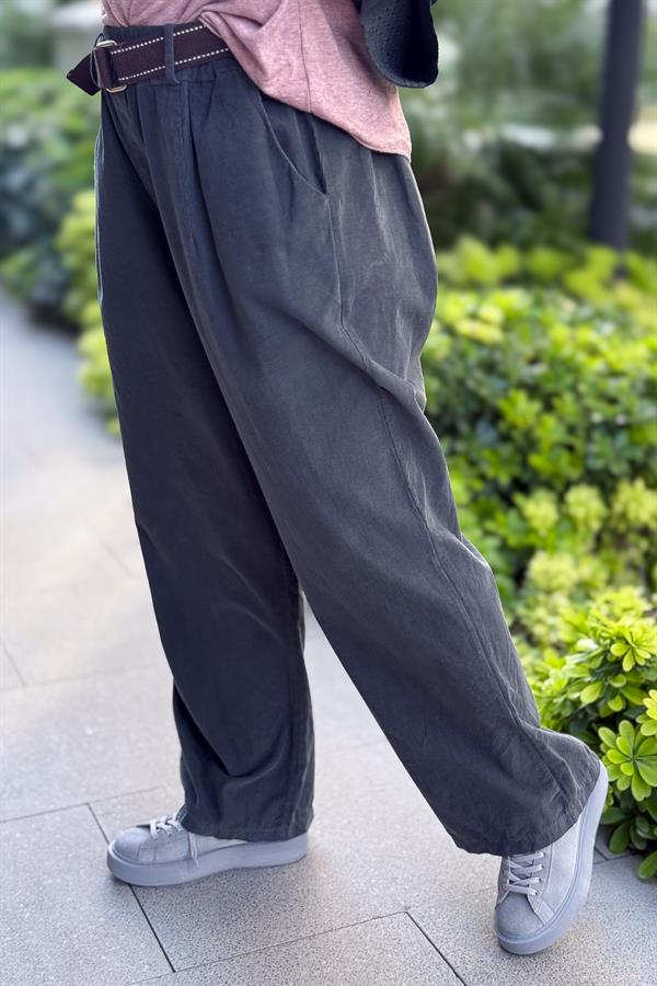 Bol Paça Geniş Kalıp İnce Fitilli Kadife Pantolon Antresit Renk