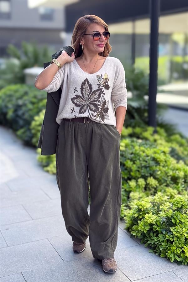 Bol Paça Geniş Kalıp İnce Fitilli Kadife Pantolon Haki Renk