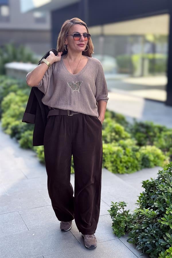 Bol Paça Geniş Kalıp İnce Fitilli Kadife Pantolon Kahverengi Renk