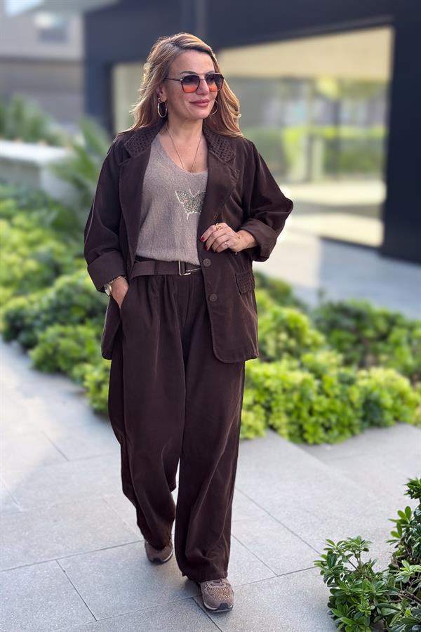 Bol Paça Geniş Kalıp İnce Fitilli Kadife Pantolon Kahverengi Renk