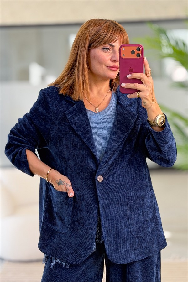 Bol Paça Pantolon Ve Blazer Ceketli Alt Üst Kadife Takım Lacivert Renk