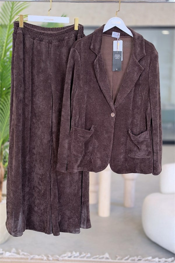 Bol Paça Pantolon Ve Blazer Ceketli Alt Üst Kadife Takım Acı Kahve RenkALT ÜST TAKIM