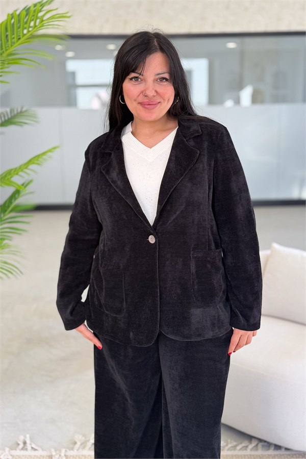 Bol Paça Pantolon Ve Blazer Ceketli Alt Üst Kadife Takım Siyah Renk