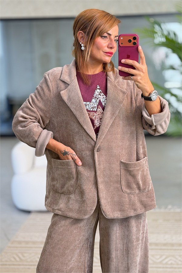 Bol Paça Pantolon Ve Blazer Ceketli Alt Üst Kadife Takım Vizon Renk