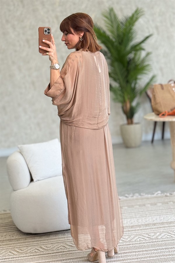 Bolera Ve Elbiseli İpek Takım Camel Renk