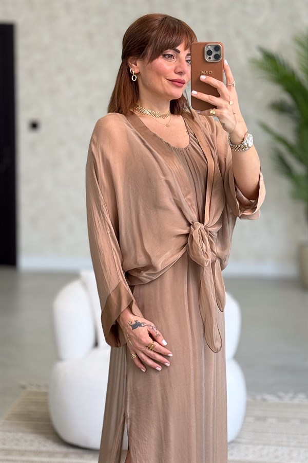 Bolera Ve Elbiseli İpek Takım Camel Renk