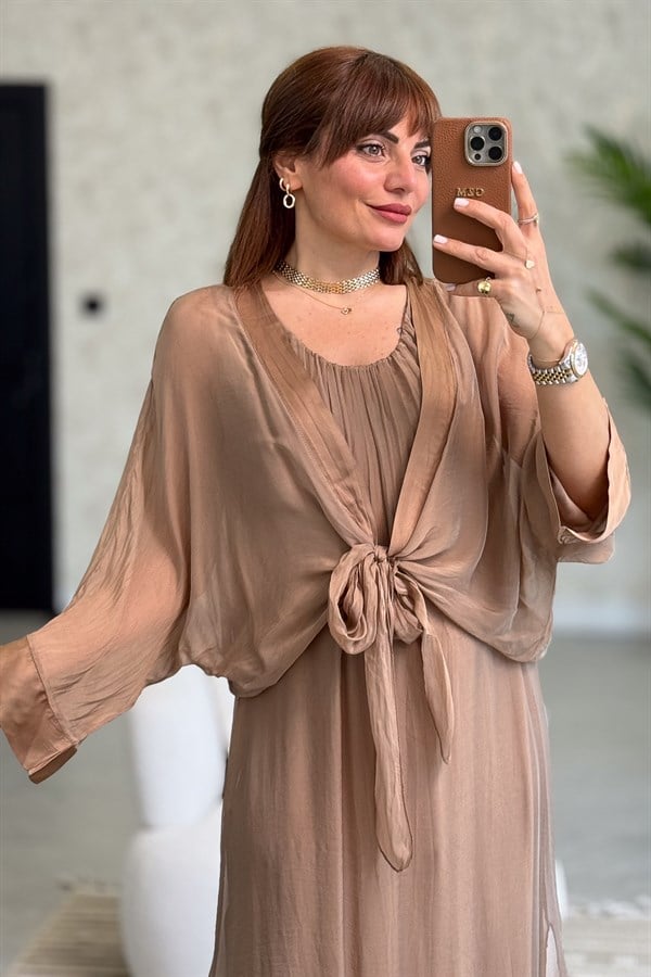 Bolera Ve Elbiseli İpek Takım Camel Renk