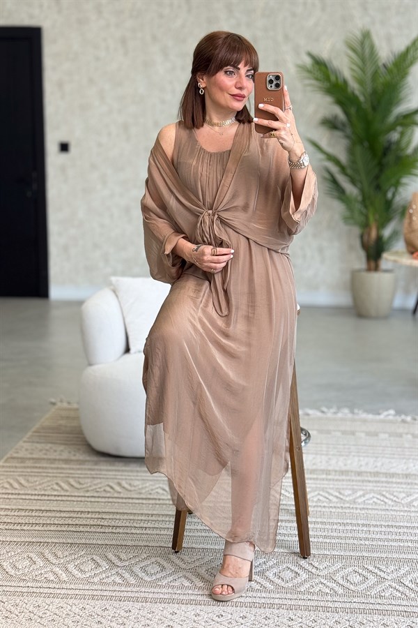Bolera Ve Elbiseli İpek Takım Camel Renk