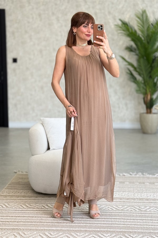 Bolera Ve Elbiseli İpek Takım Camel Renk
