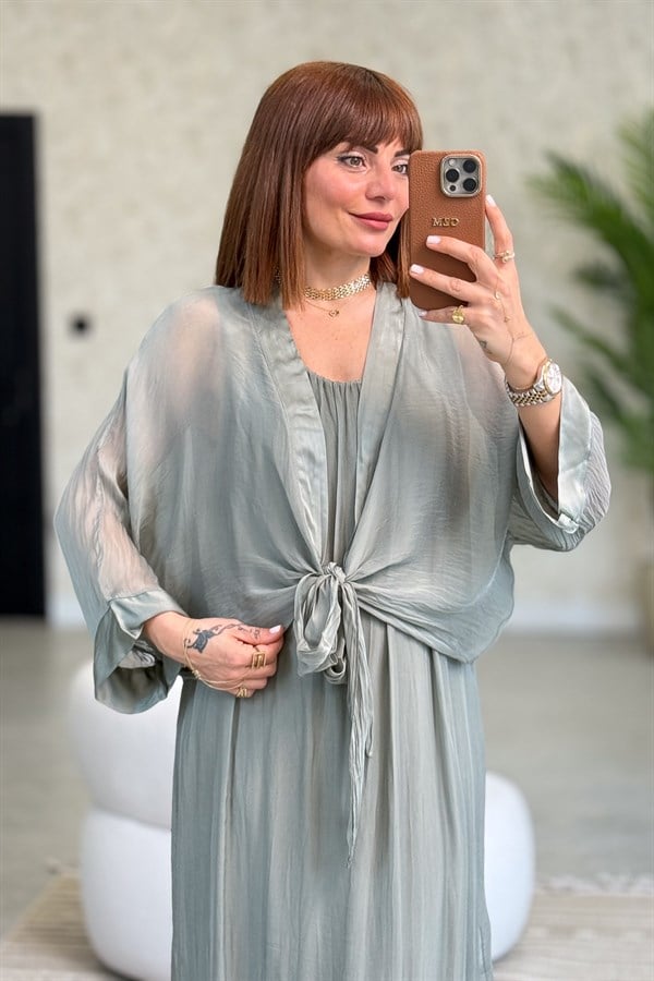 Bolera Ve Elbiseli İpek Takım Haki Renk