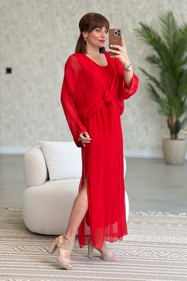 Bolera Ve Elbiseli İpek Takım Kırmızı Renk