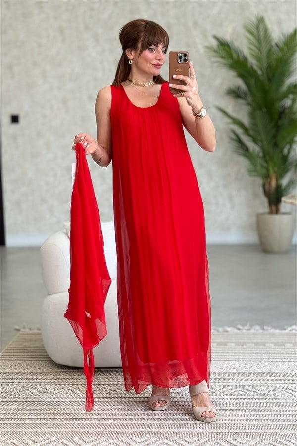 Bolera Ve Elbiseli İpek Takım Kırmızı Renk