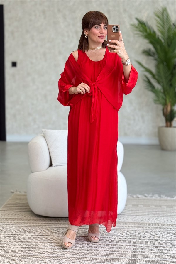 Bolera Ve Elbiseli İpek Takım Kırmızı Renk