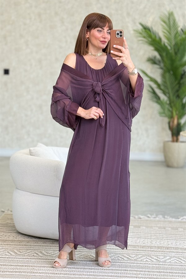 Bolera Ve Elbiseli İpek Takım Mürdüm Renk