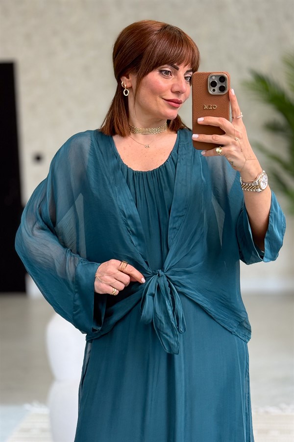 Bolera Ve Elbiseli İpek Takım Nefti Yeşil Renk