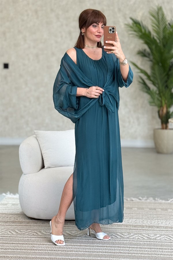 Bolera Ve Elbiseli İpek Takım Nefti Yeşil Renk